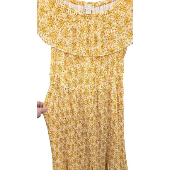 Michael Michael Kors Yellow Floral Midi Dress Sz XL Tie Waist Off Shoulder NEW - Picture 3 of 14